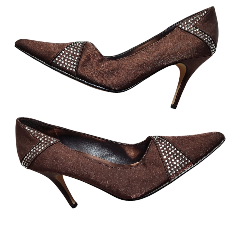 Valenti Franco Brown Bronze Organza Stiletto Heels W/Rhinestone Size 6M New